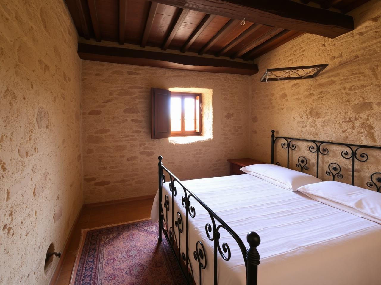 Dormitorio rústico con cama de forja