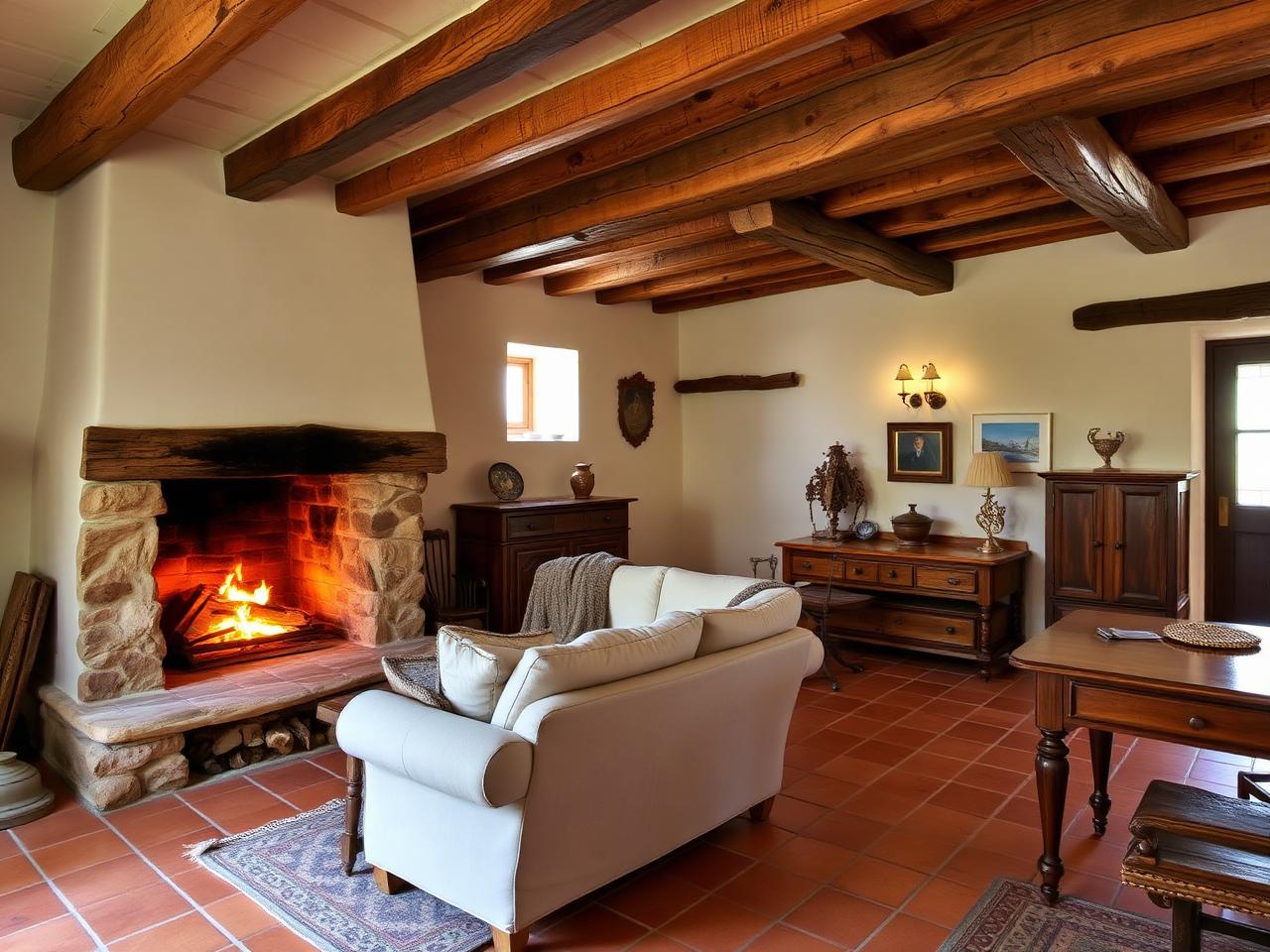 Salón con chimenea y vigas de madera
